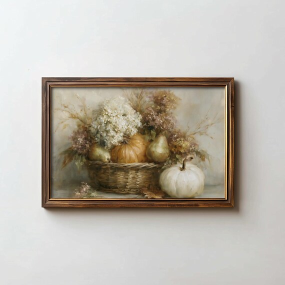 Fall Harvest Basket Pumpkins Pears Hydrangea Vintage Still Life Poster
