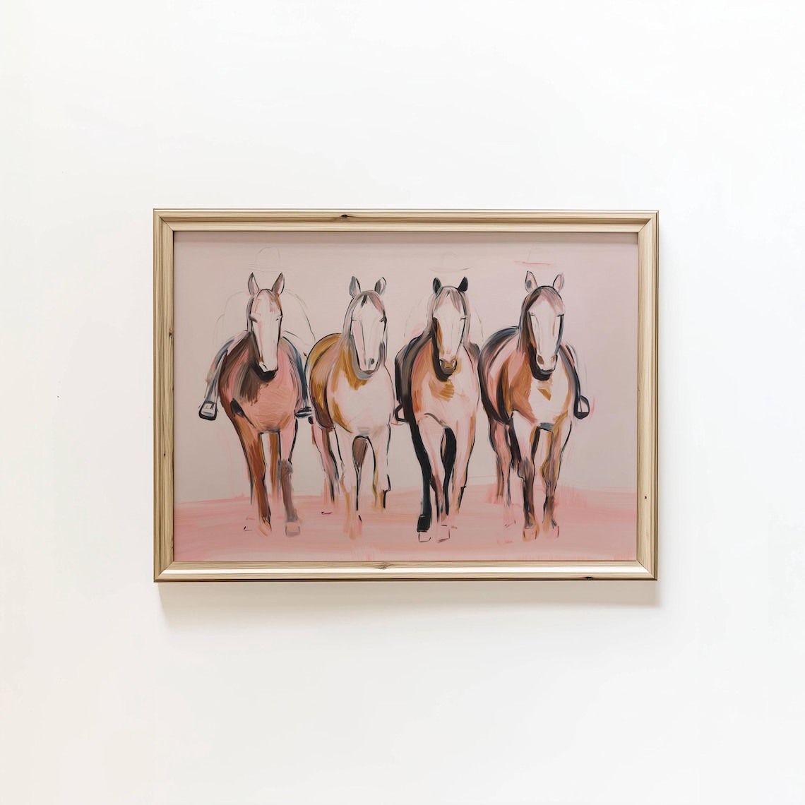Four Equestrian Horses Lined Up Pastel Pink Horse Art Poster