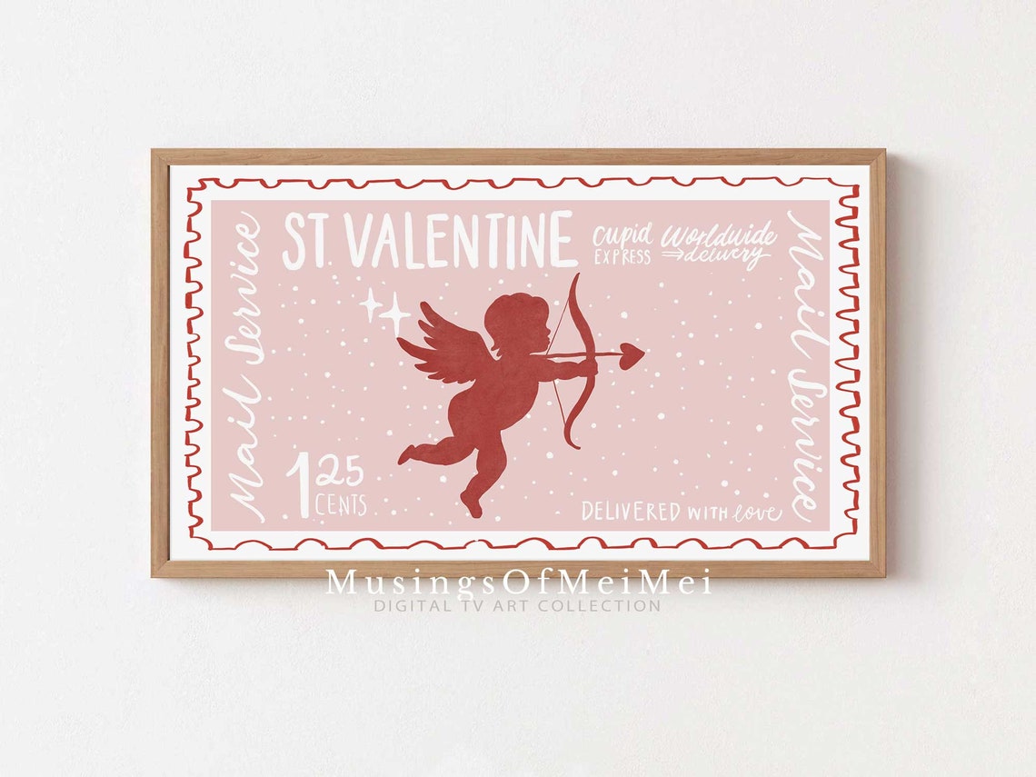 St Valentine Cupid Worldwide Express Mail Pink Stamp Vintage Poster
