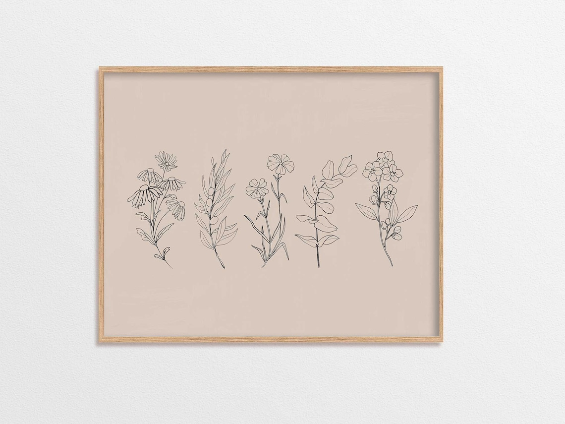 Floral Line Art Art Print, Neutral Minimalist