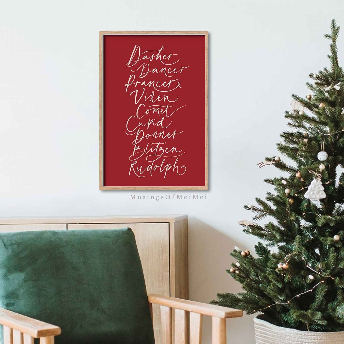 Santa Reindeer Names Elegant Calligraphy on Red Christmas Poster - Image 3