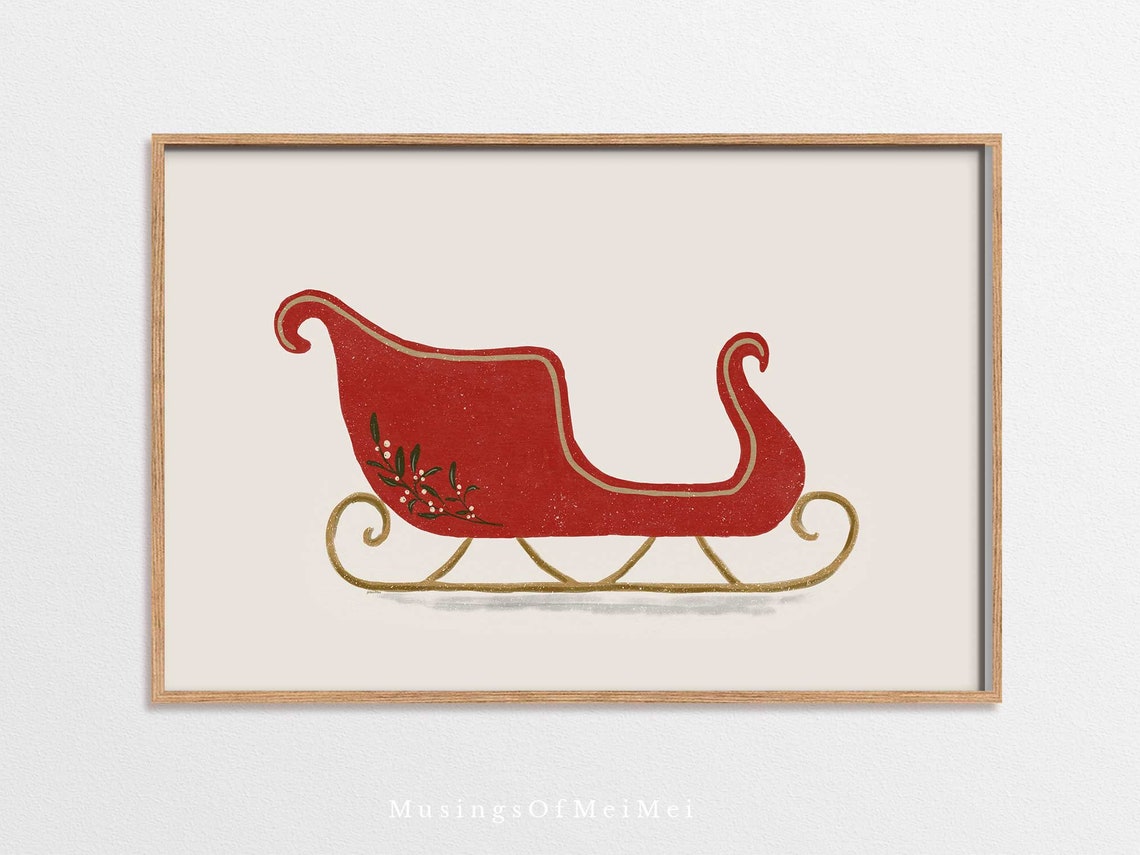 Vintage Red Christmas Sleigh Illustration Cream Holiday Poster