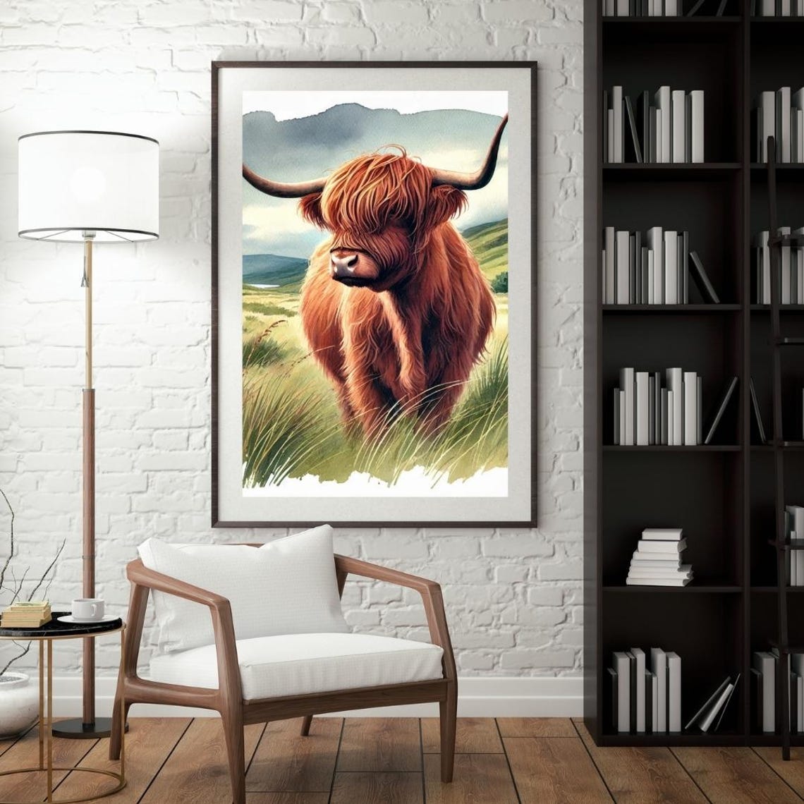 Scottish Highland Cow Watercolour Art Rustic Meadow Landscape Print