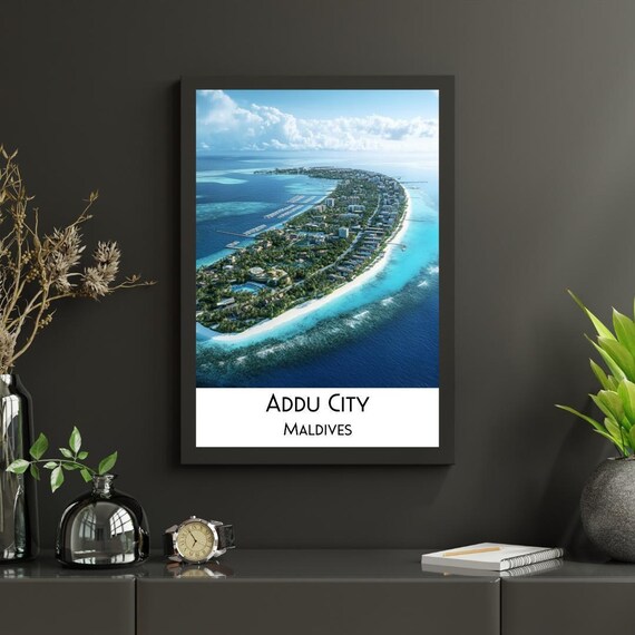 Addu City Maldives Aerial Island Poster Turquoise Lagoon Photo Art