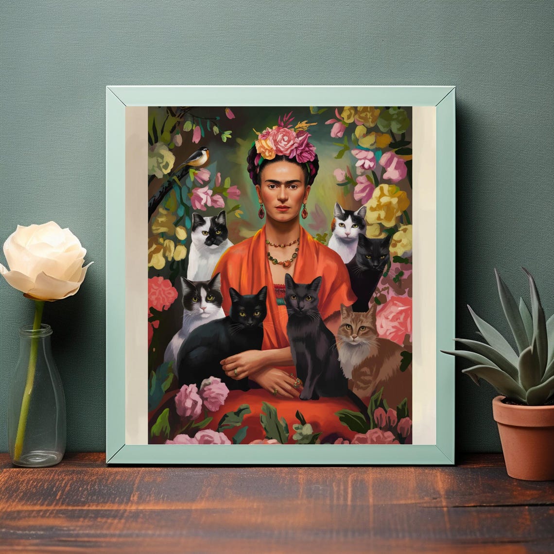 Frida Kahlo Portrait With Her Cats Colorful Floral Style Poster