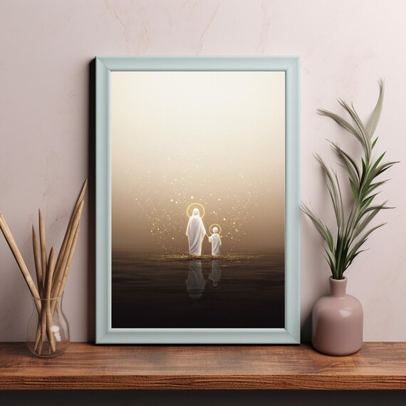 Haloed Adult And Child Walking Toward Heavenly Glow On Water Poster