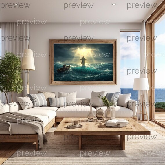 Jesus Walking On Water Stormy Sea Divine Light Miracle Wall Poster