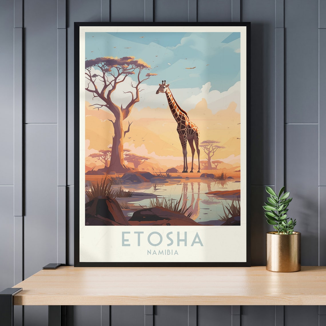 Etosha Namibia Poster with Giraffe Beside a Waterhole at Sunset - Image 3