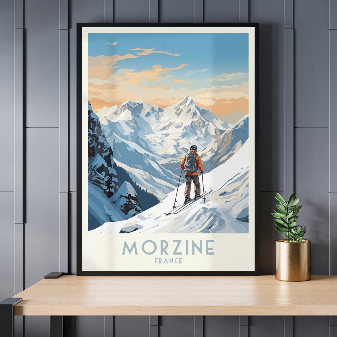 Morzine France Skier at Sunset Over Snowy Peaks Panorama Poster - Image 3