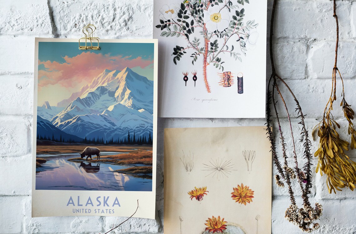 Alaska United States Moose Tundra Peak Sunrise Travel Poster - Image 4