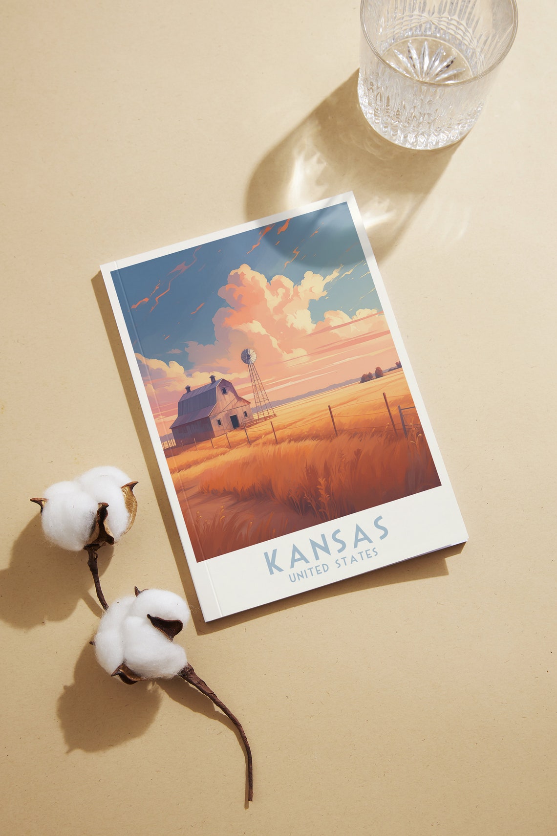 Kansas Golden Wheat Field Barn Windmill Sunset Rural Travel Poster - Image 2