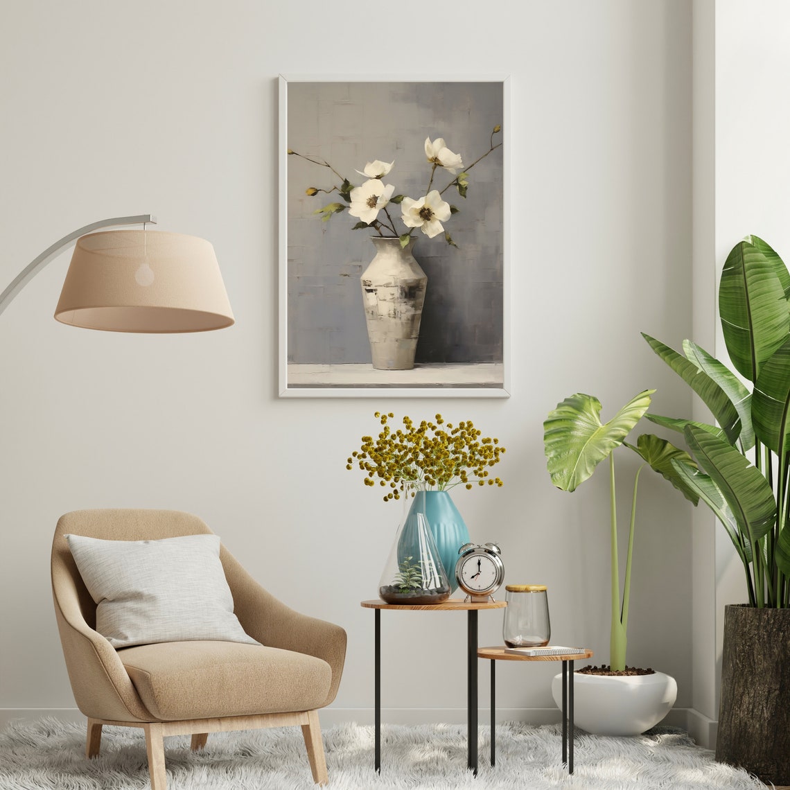 White Dogwood Blossoms Ceramic Vase Gray Still Life Floral Poster - Image 2