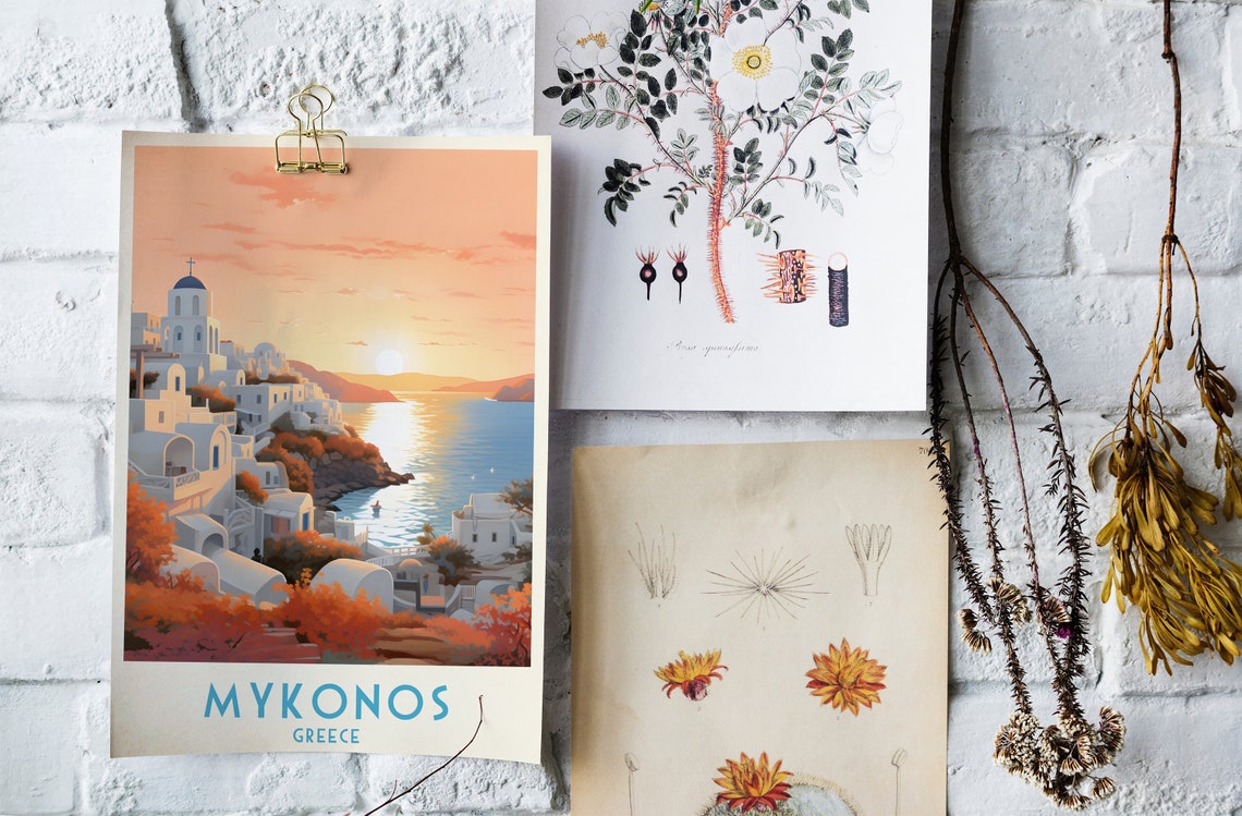 Mykonos Whitewashed Town Sunset Aegean Vintage Greece Travel Poster - Image 4