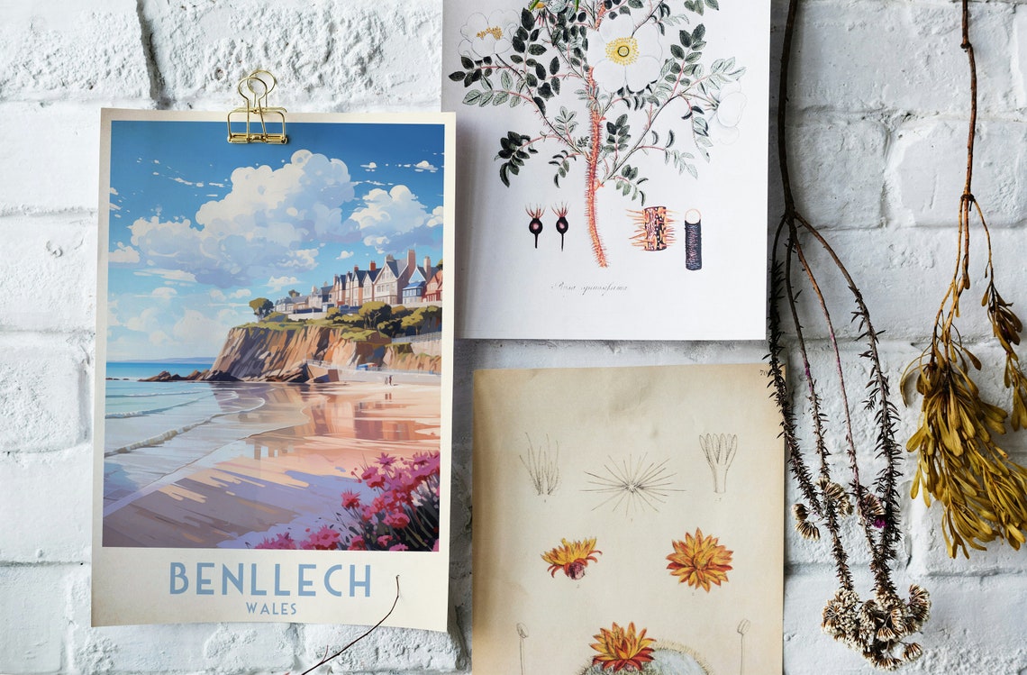Benllech Wales Sandy Beach Beneath Cliff Top Homes Travel Poster - Image 3