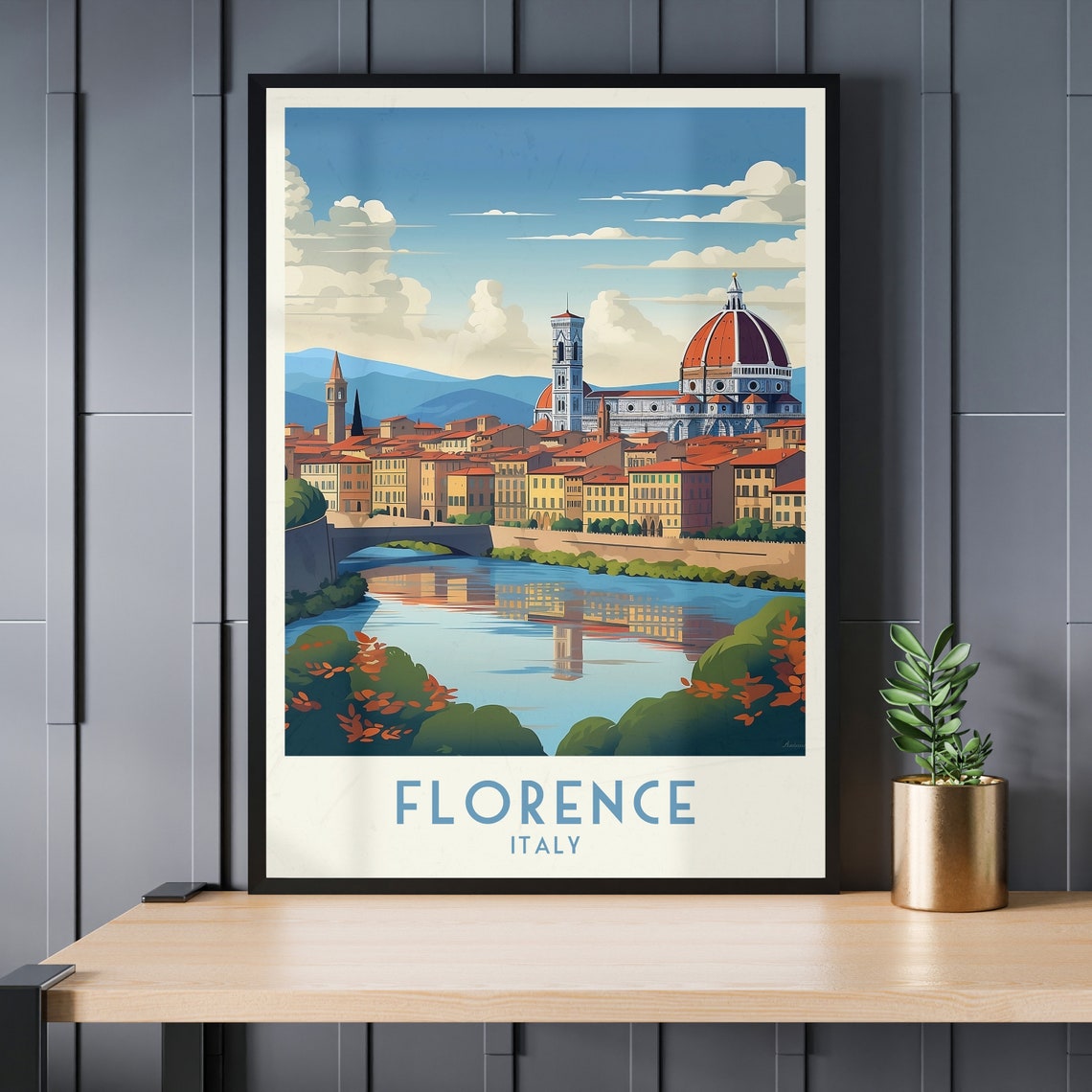 Florence Italy Vintage Duomo Cathedral Arno River Reflection Poster - Image 3