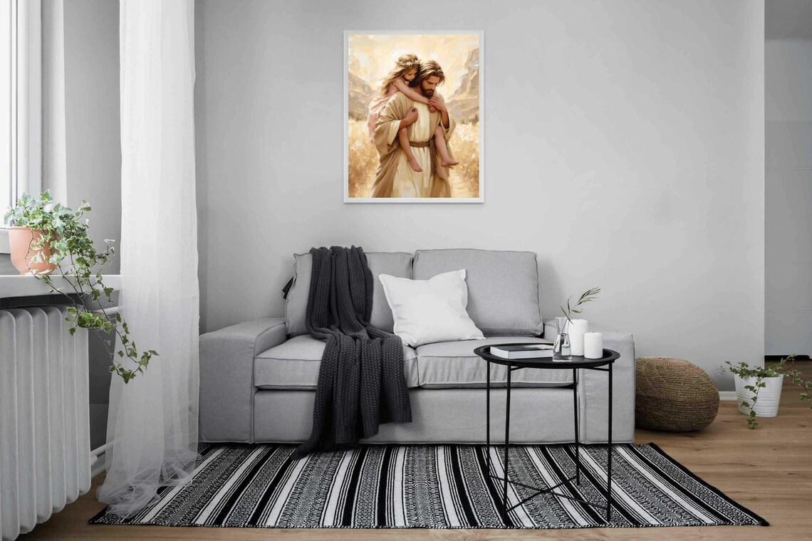 Jesus Carrying Little Girl Piggyback Through Golden Field Joyful Poster - Image 4