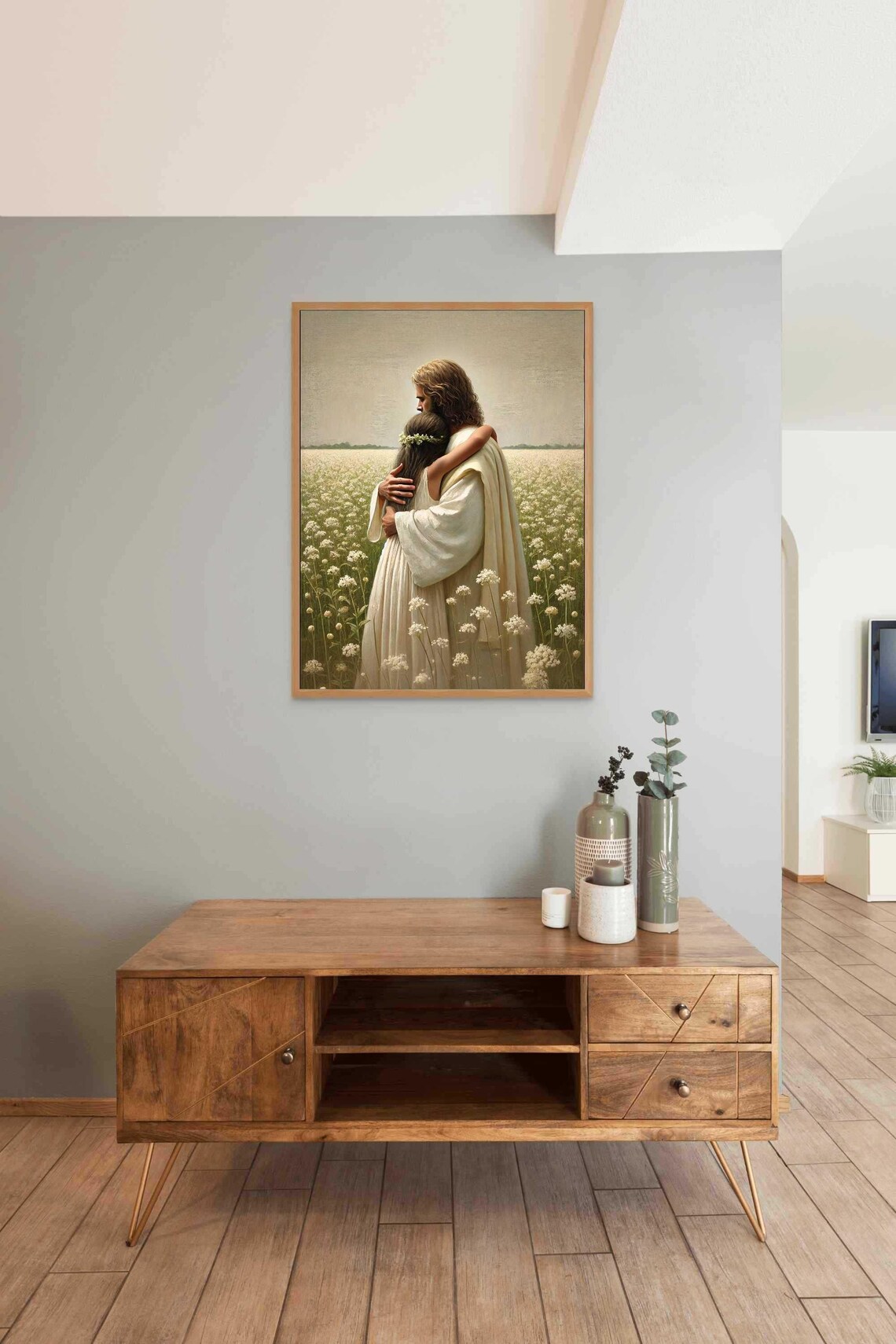Jesus Holding Girl With Flower Crown In Field Of White Blossoms Poster - Image 3