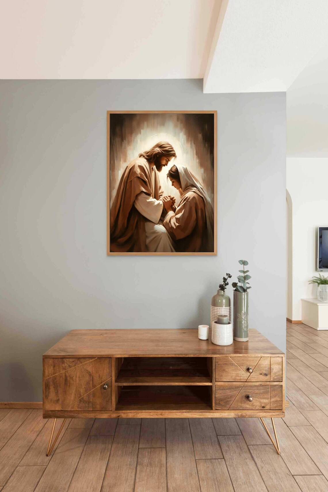 Jesus Embracing Kneeling Woman Golden Light Christian Faith Poster - Image 3