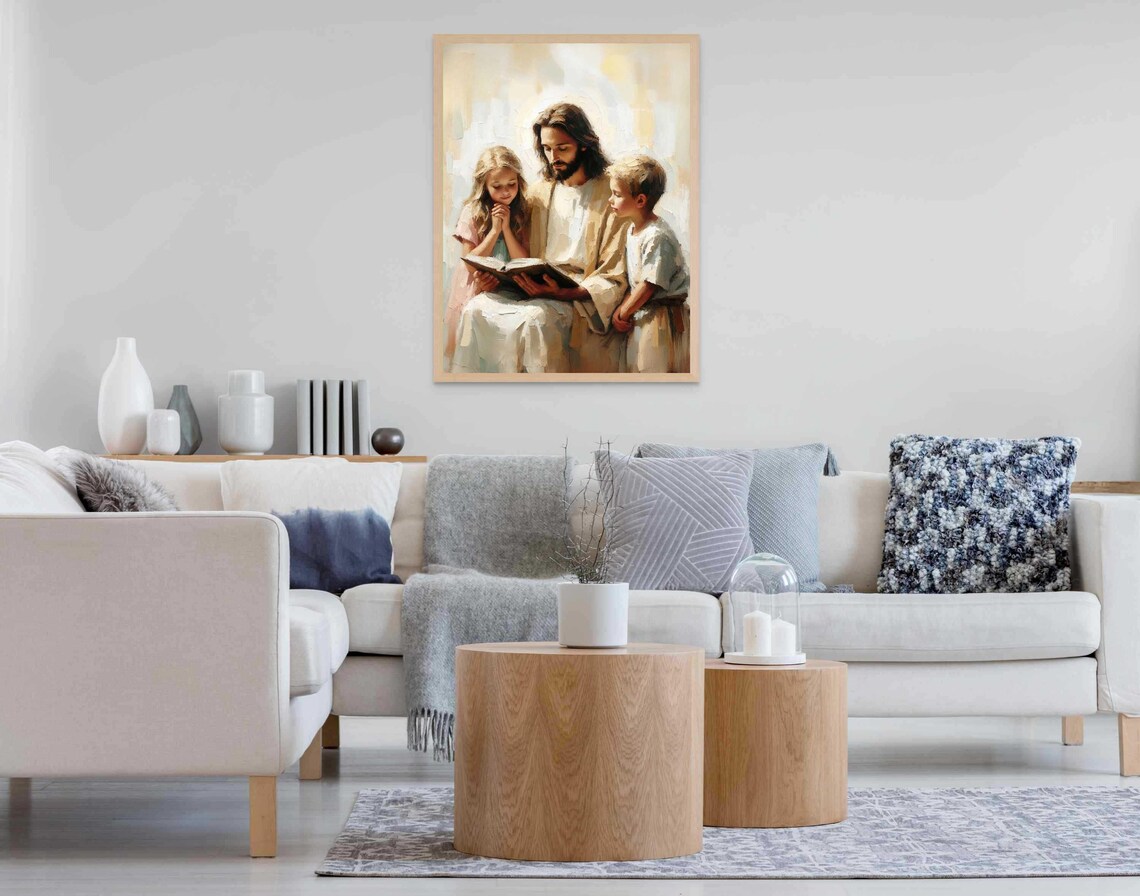 Jesus Reading Book To Girl And Boy In Soft Pastel Painting Poster - Image 6