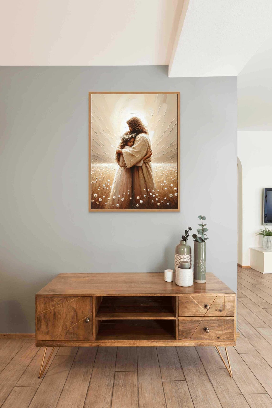 Jesus Embracing Girl With Flower Crown In Wheat Field Sky Rays Poster - Image 3