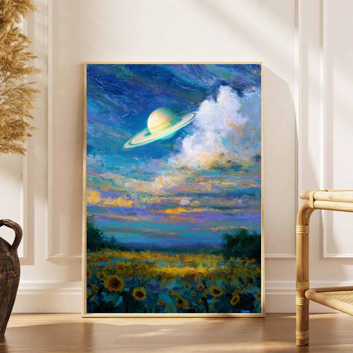 Surreal Saturn Planet Sunflower Field Impressionist Painting Poster