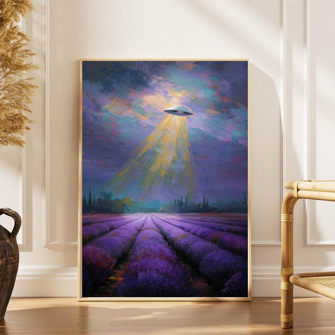 UFO Hovering Over Purple Lavender Field Night Sky Sci Fi Poster