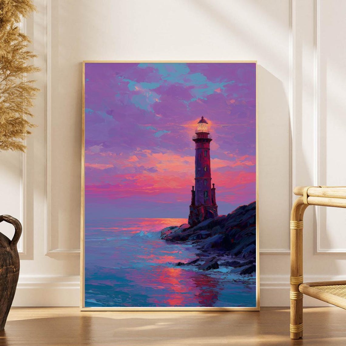 Lighthouse at Purple Sunset Rocky Coast Impressionist Wall Art