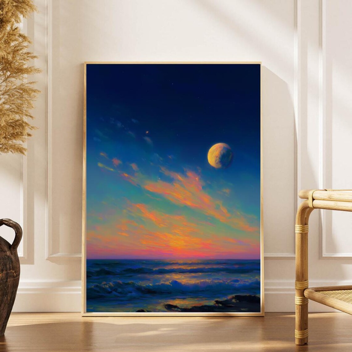 Moonlit Ocean Sunset Vivid Starry Night Sky Seascape Art Poster