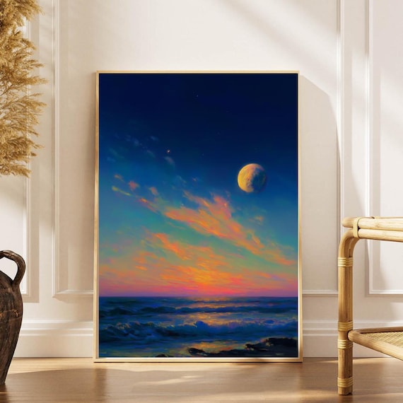 Moonlit Ocean Sunset Vivid Starry Night Sky Seascape Art Poster