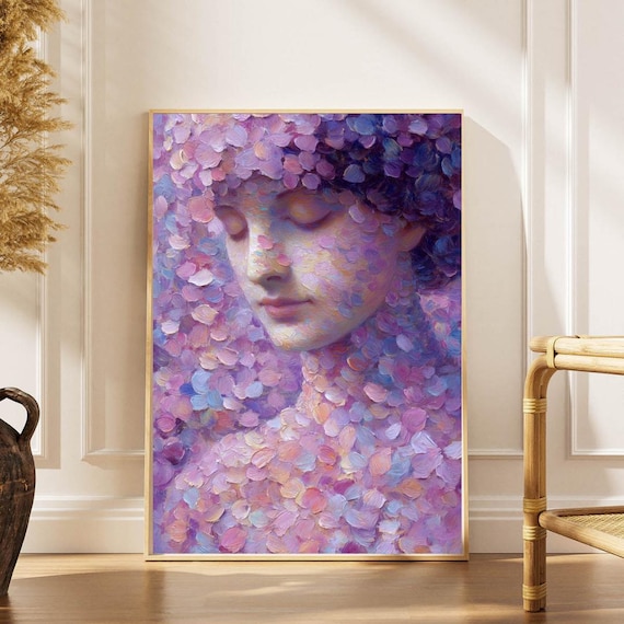 Dreamy Woman Portrait Emerging from Purple Flower Petals Art Print