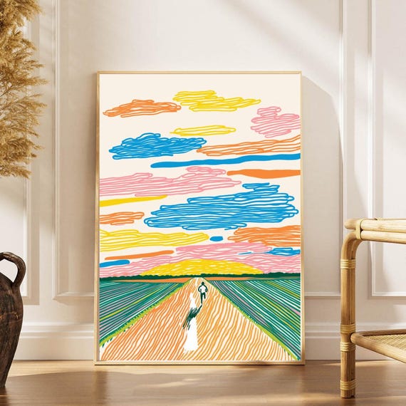 Abstract Landscape Poster Colorful Road Vibrant Sky Line Art