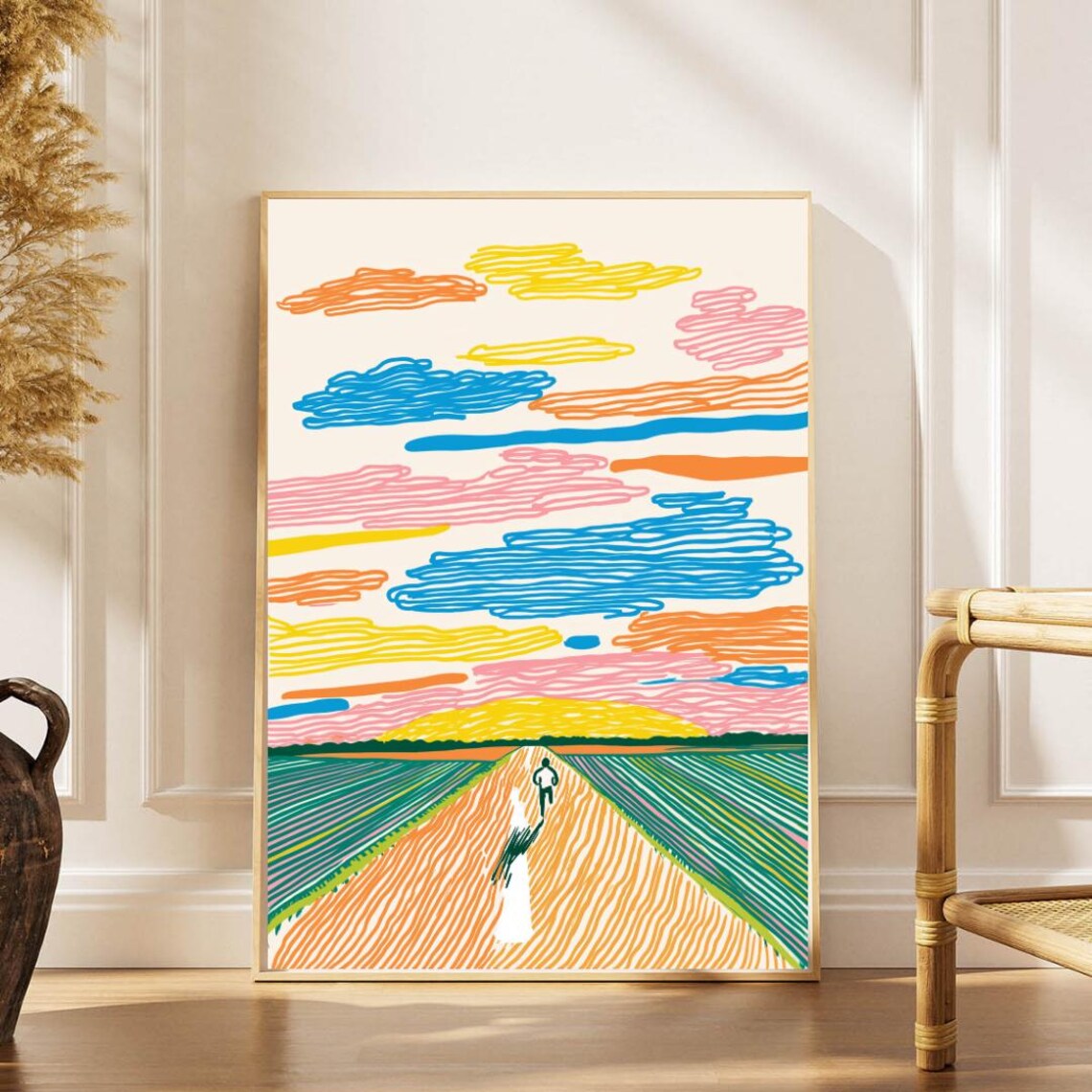Abstract Landscape Poster Colorful Road Vibrant Sky Line Art