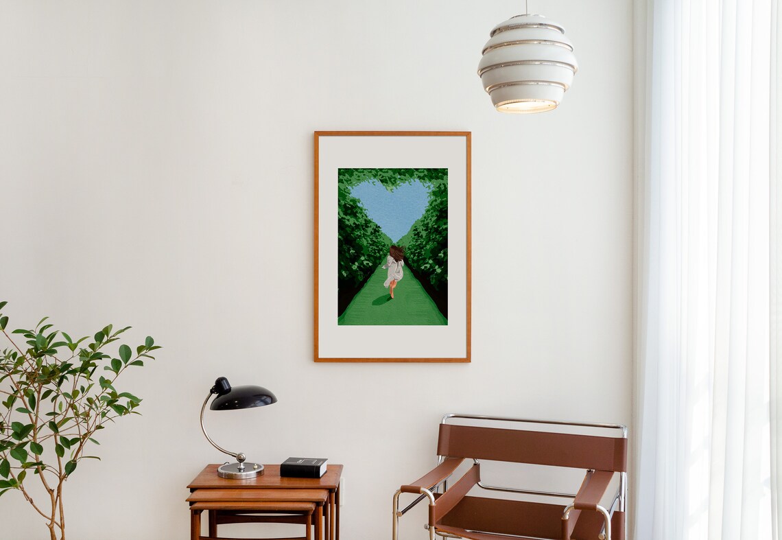 Girl Running Through Green Maze Toward Heart Shaped Sky Love Poster - Image 4