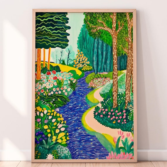 Colorful Forest Road Woodland Painting Maximalist Art Moody Botanical Illustration Forest Landscape Decor