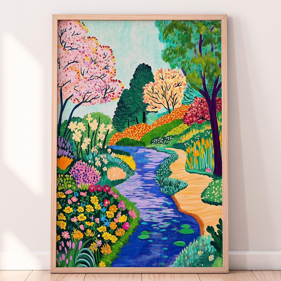 Colorful Floral Forest Blue Stream Blossom Trees Garden Art Print