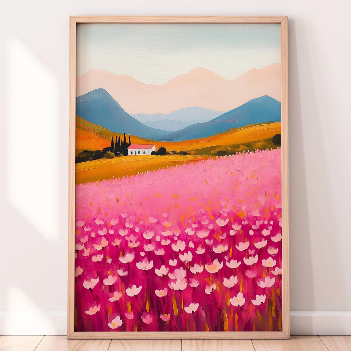 Dreamy Pink Wildflower Field With Farmhouse And Mountains Poster