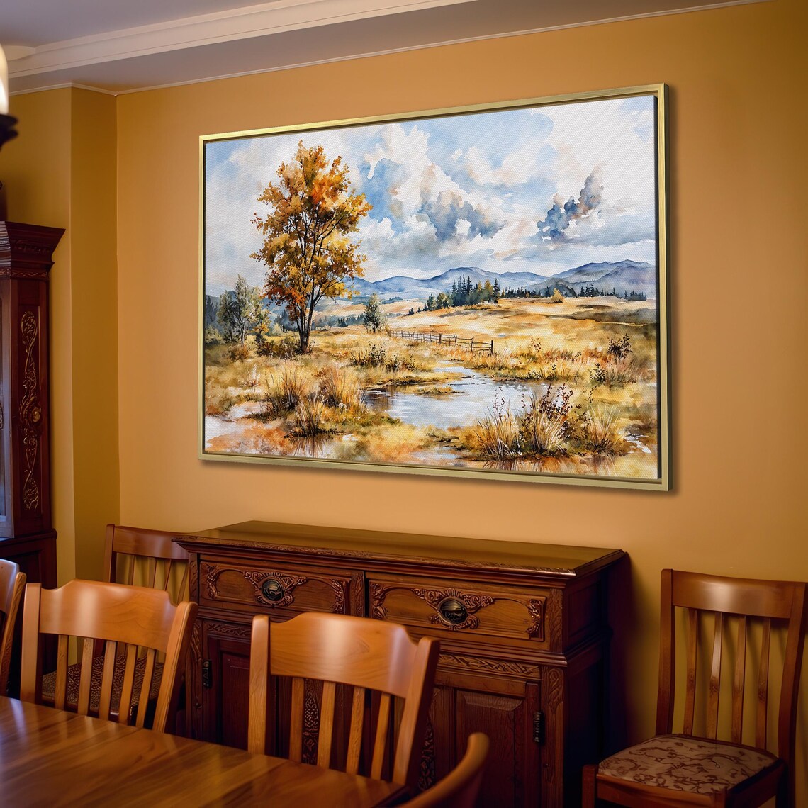 Golden Autumn Lone Tree Watercolor Stream Meadow Landscape Poster - Image 2
