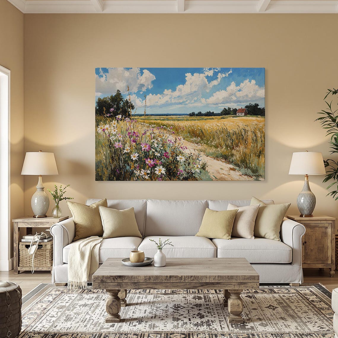Summer Wildflower Meadow Path Red Roof Cottage Canvas Wall Art