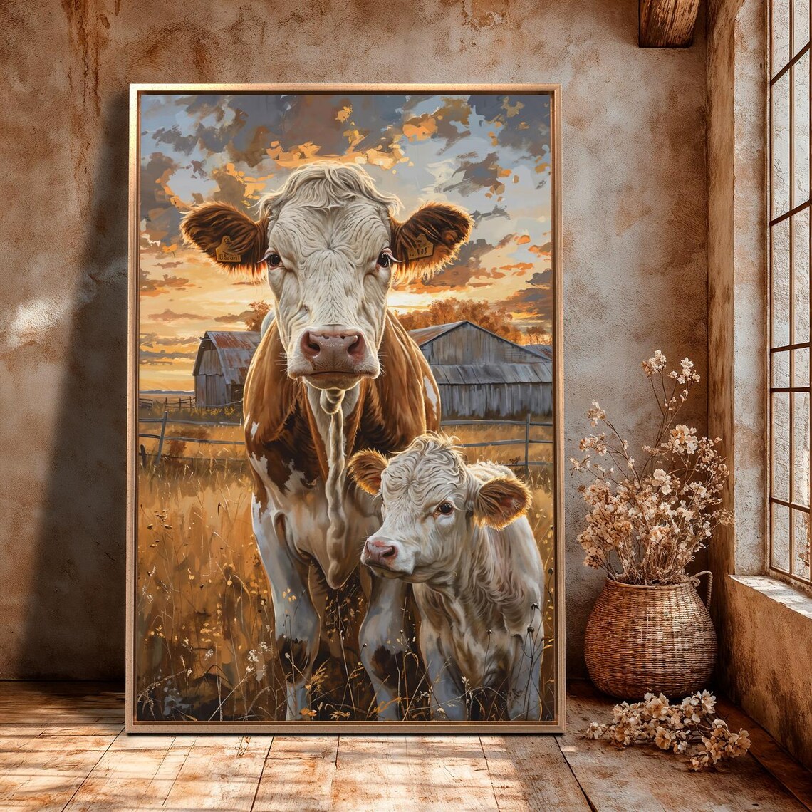 Cow And Calf Grazing Meadow Art Print, Rustic Farm Life - Image 2