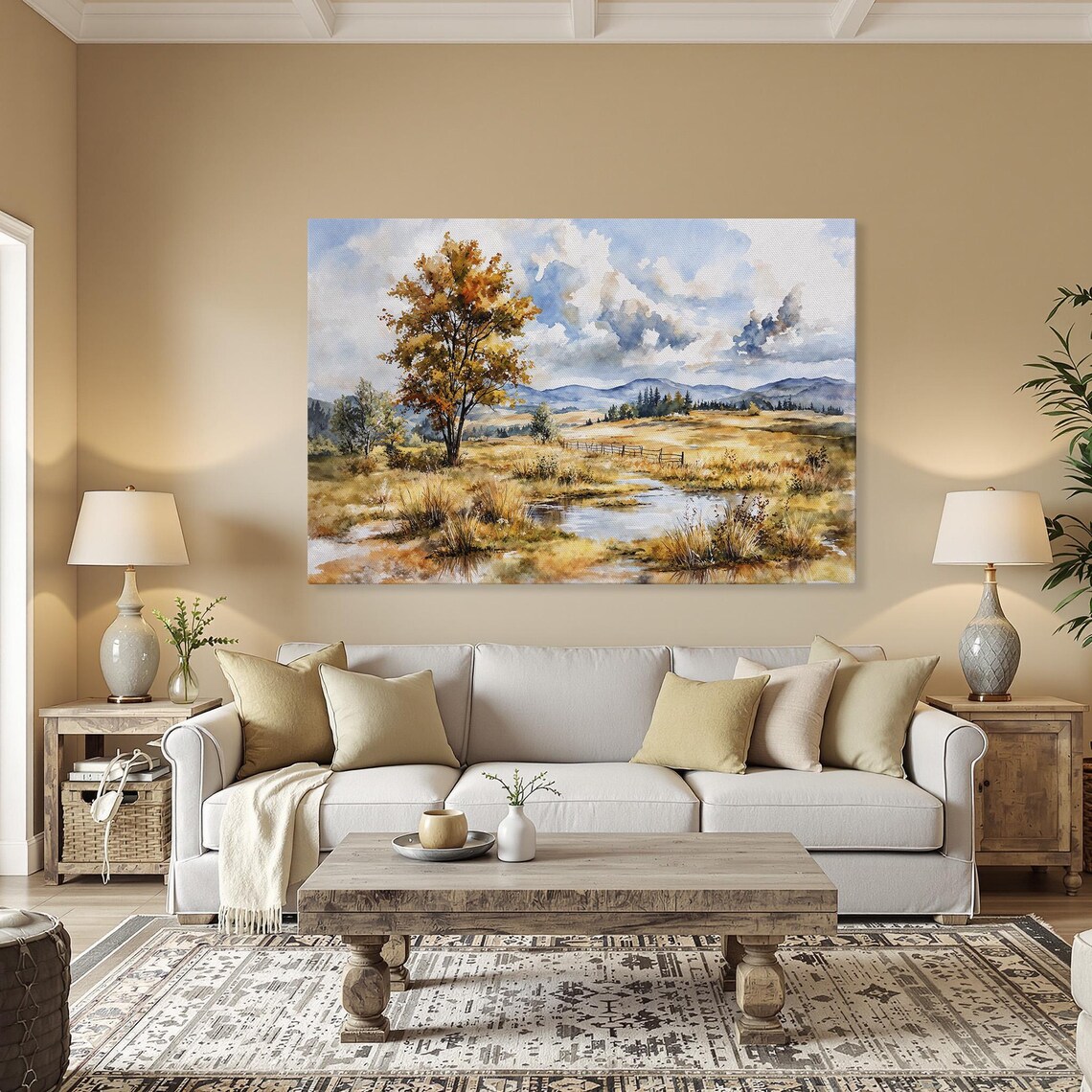 Golden Autumn Lone Tree Watercolor Stream Meadow Landscape Poster - Image 5