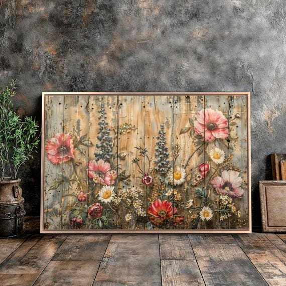 Artistic Botanical Framed Canvas Wall Art Vibrant Floral On Rustic Wooden Painting Print Country Style Poster Decor Ready To Hang