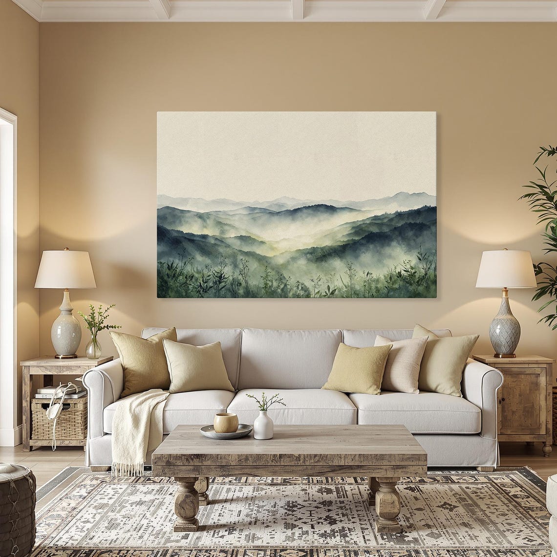 Serene Misty Green Mountain Valley Watercolor Style Landscape Poster