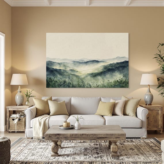 Serene Mountain Mist Framed Canvas Print Rustic Wall Art Nature Decor Country Style Landscape Gift For Him Ready To Hang