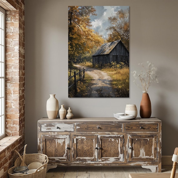 Rustic Barn at End of Dirt Path Autumn Countryside Vertical Landscape Poster