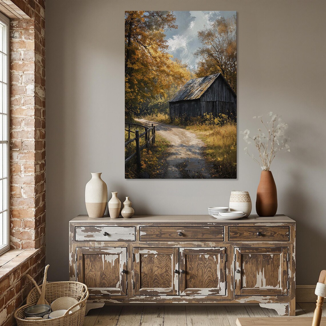 Rustic Barn at End of Dirt Path Autumn Countryside Vertical Landscape Poster