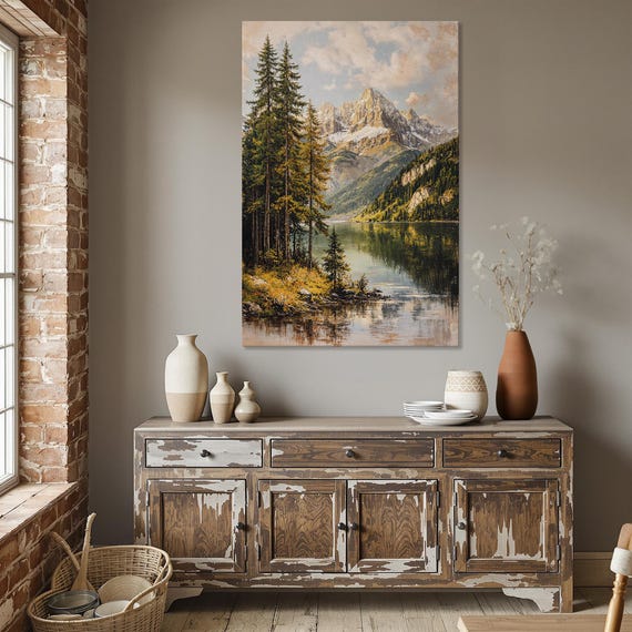 Scenic Forest Mountain View Framed Canvas Print Rustic Wall Art Nature Painting Landscape Cozy Decor Ready To Hang Gift For Him