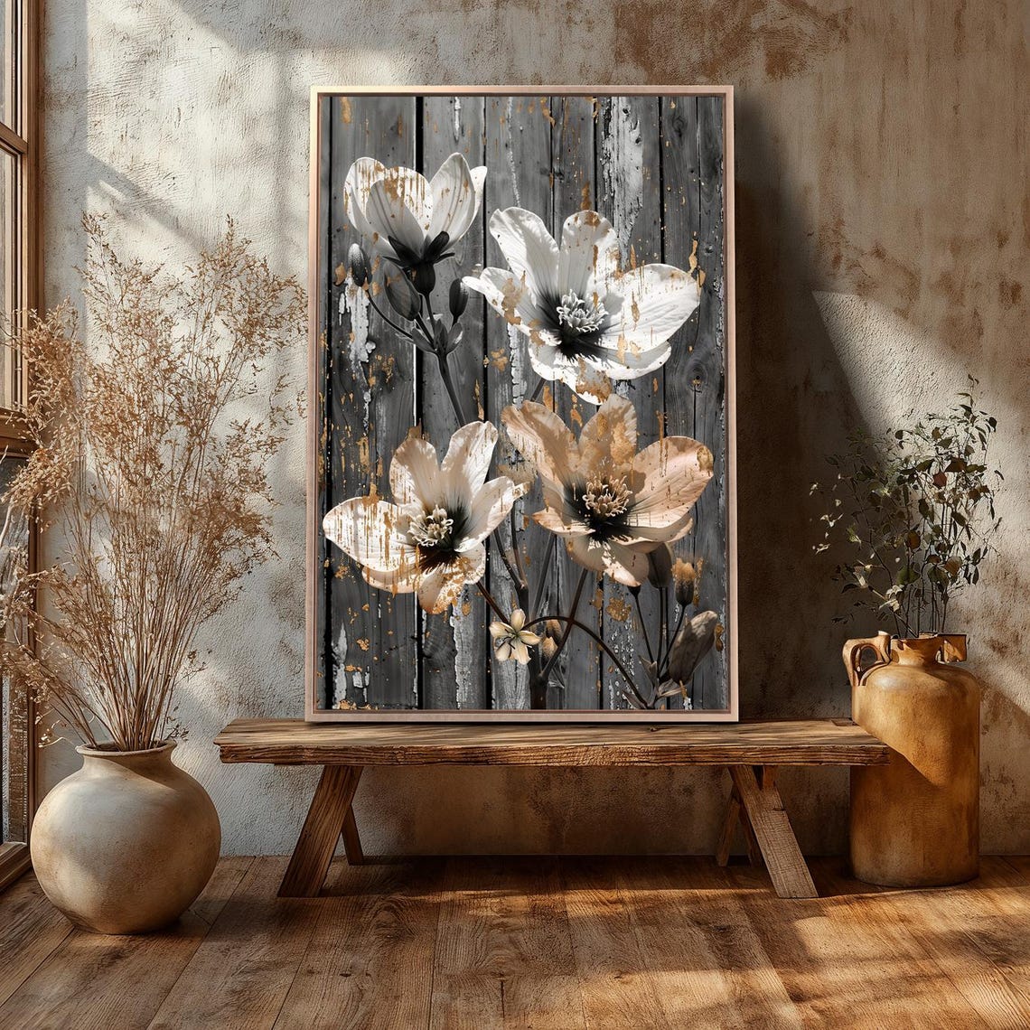 Distressed White Floral Vintage Botanical Gold Accents Art Poster - Image 2