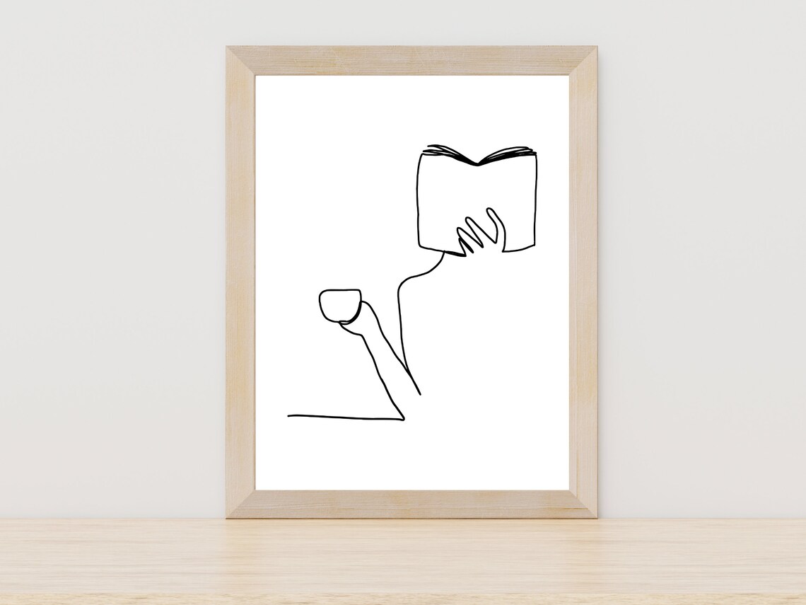 Book And Coffee Fine Line Art, Kitchen Art Print
