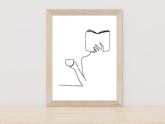 Book And Coffee Fine Line Art, Kitchen Art Print