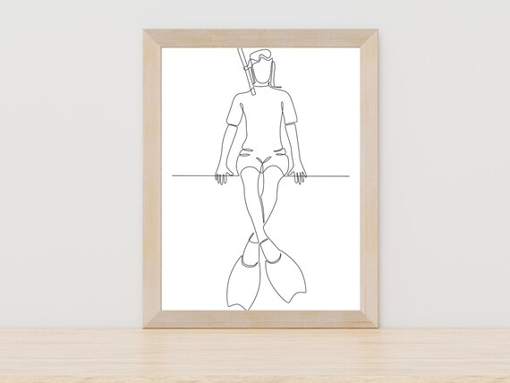 Scuba Diver Single Line Art Minimalist Ocean Adventure Poster